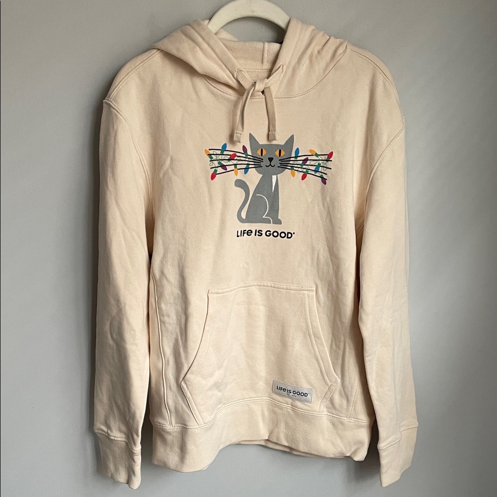 New Life Is Good Cream Hoodie with Christmas Holiday Cat Design Size Medium